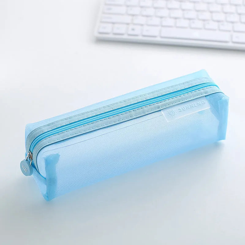 Transparent Mesh Pencil Case Square Shape Large Capacity Durable Nylon Washable Zippered Storage 20.5x6x6.5cm