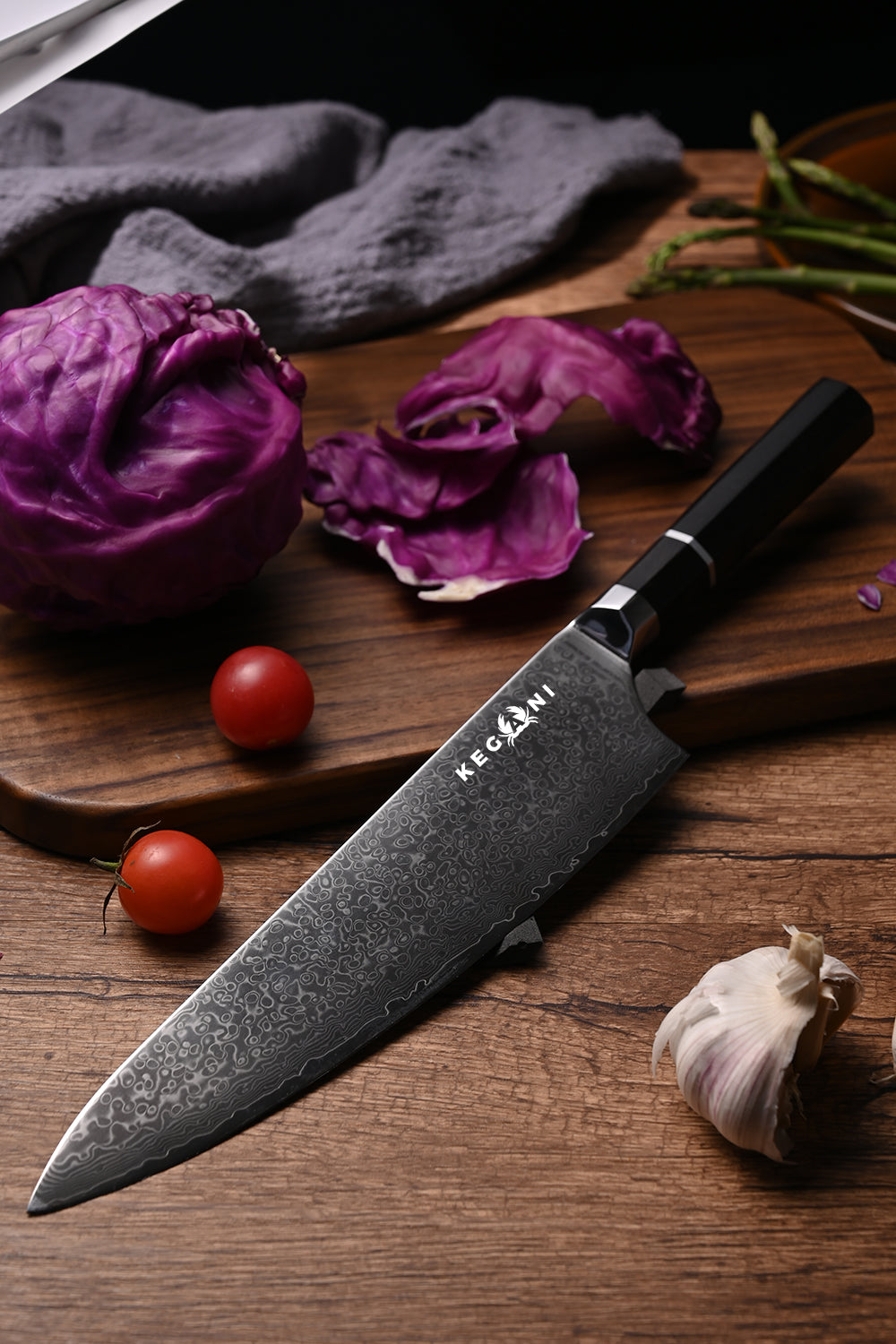 Kegani 8 Inch Japanese Kiritsuke Chef Knife, Japanese 67 Layers VG-10 Damascus Knife, Ebony FullTang Handle Natural Texture Japanese Knife