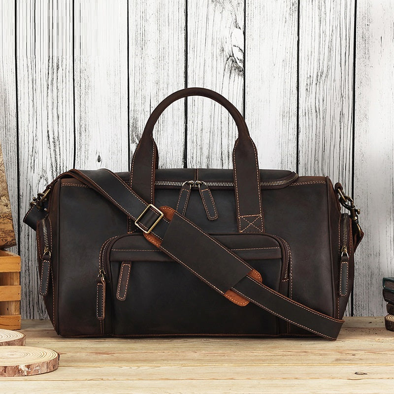 Large Capacity Retro Fitness Foldable Luggage Bag – Waterproof Genuine Leather Travel Bag for Men & Women