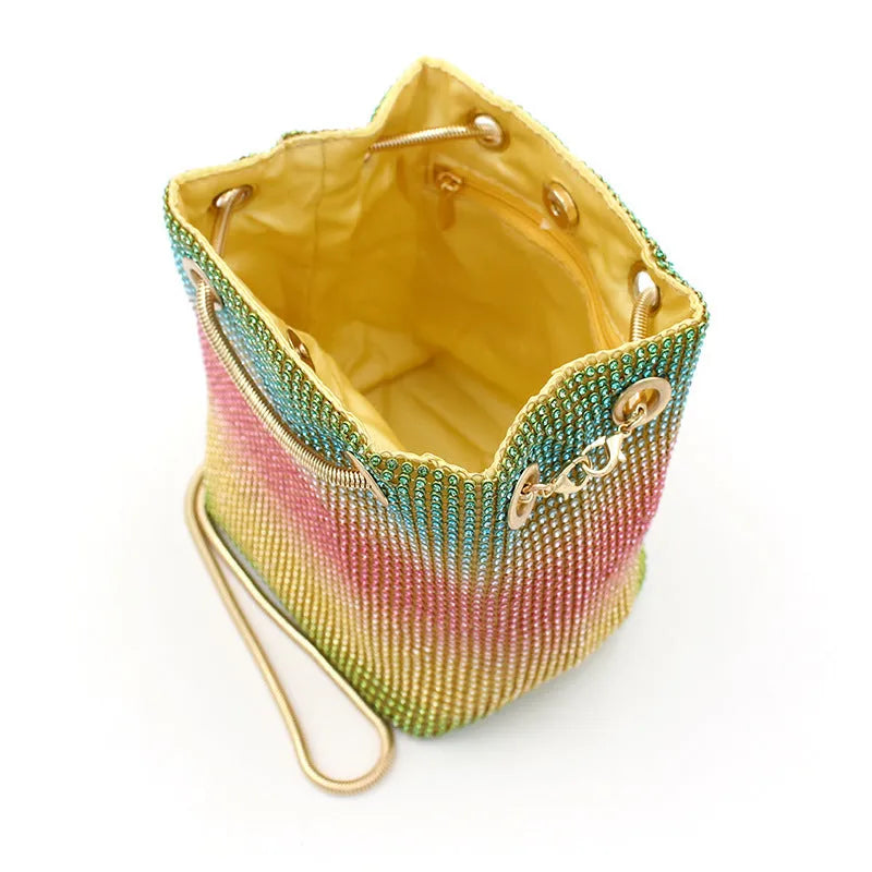 Net Red Rainbow Bucket Diamond Bag Rhinestone Soft Fabric