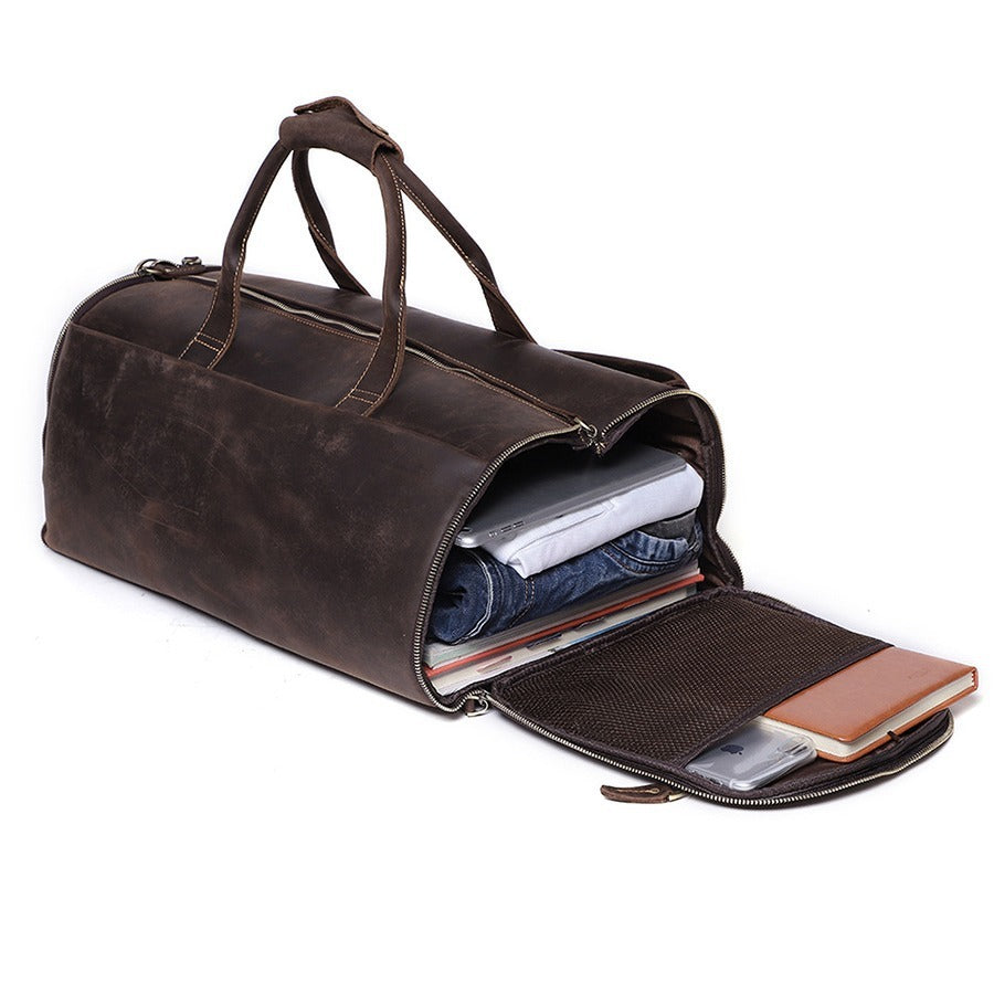 Large Capacity Retro Fitness Foldable Luggage Bag – Waterproof Genuine Leather Travel Bag for Men & Women