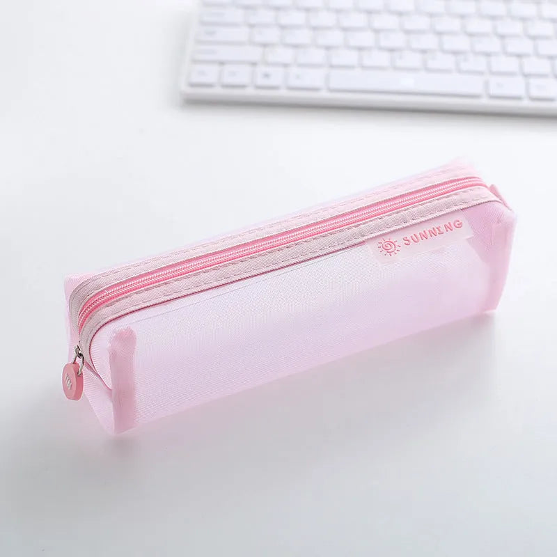 Transparent Mesh Pencil Case Square Shape Large Capacity Durable Nylon Washable Zippered Storage 20.5x6x6.5cm