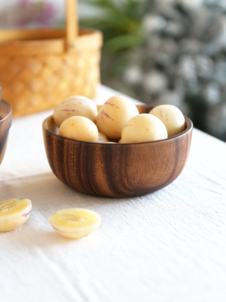 Acacia Wooden Bowls, Small Bowls,Round Wood Salad Bowl, Hand Carved Dip Tray for Serving Popcorn Pasta Candy Cereal Coconut Nuts
