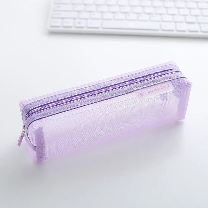 Transparent Mesh Pencil Case Square Shape Large Capacity Durable Nylon Washable Zippered Storage 20.5x6x6.5cm
