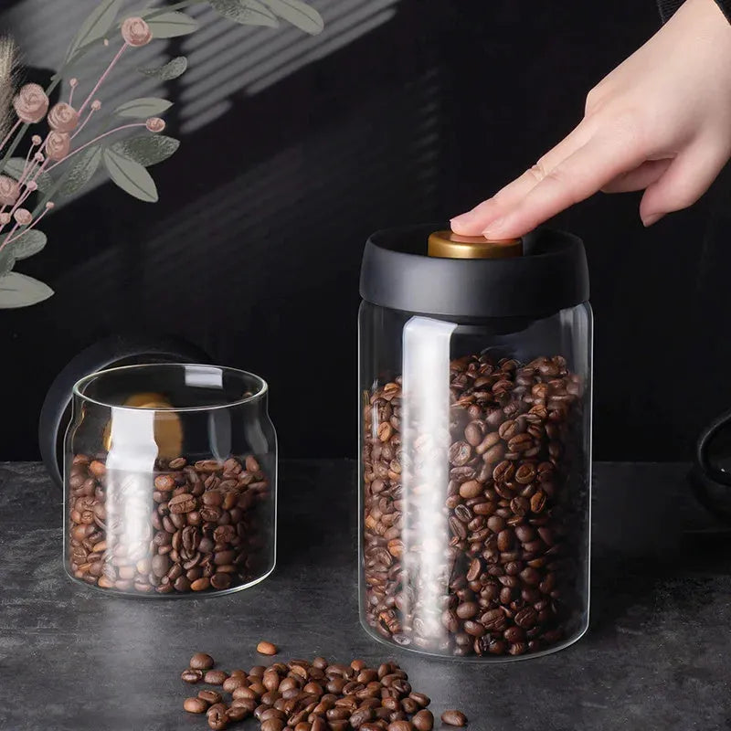 Vacuum Sealed Jug Set Black Coffee Beans Glass Airtight Canister Kitchen Food Storage Jar Set
