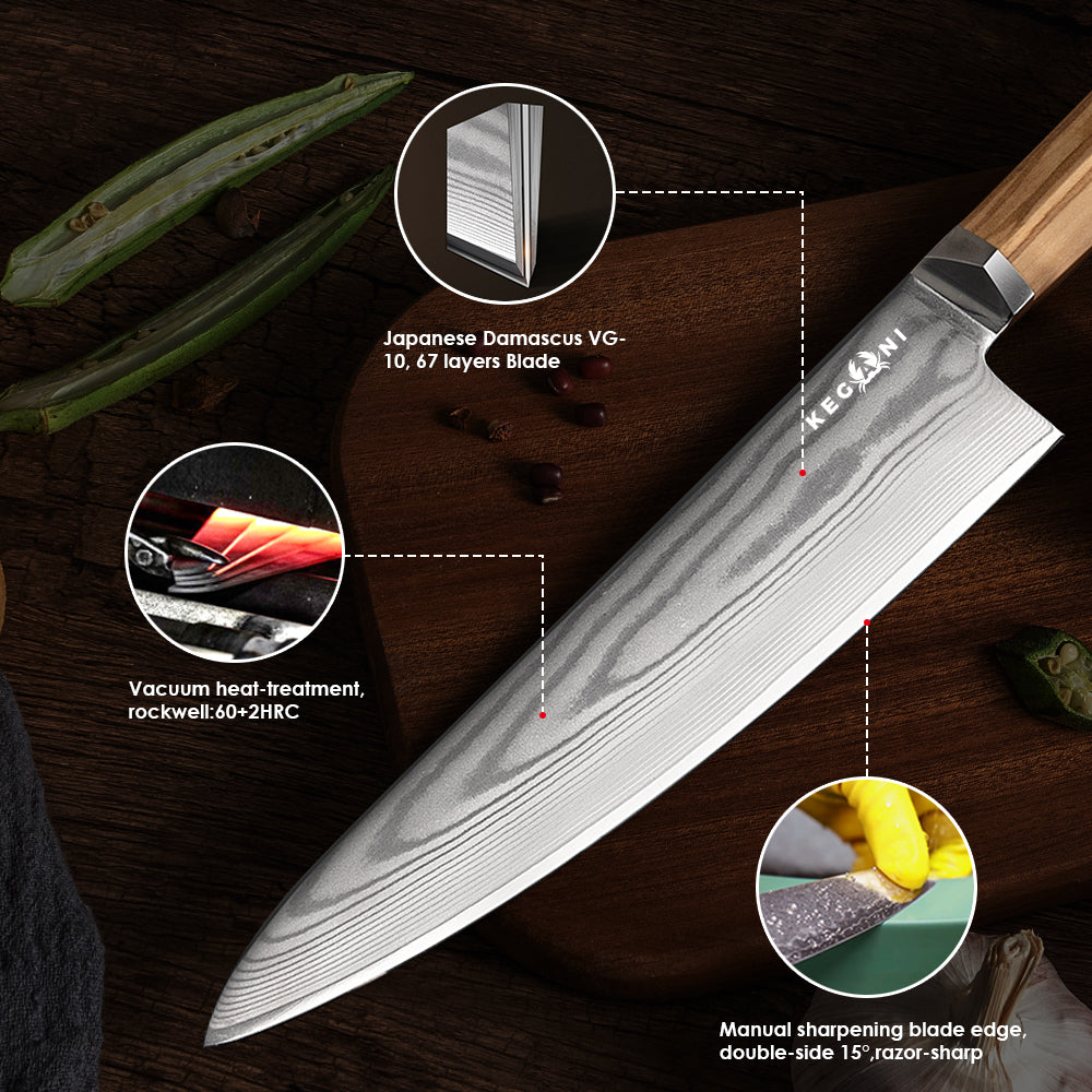 Kegani 8 Inch Kiritsuke Knife, Japanese Chef Knife 67 Layers VG-10 Damascus Kiritsuke, Italian Olive Wood FullTang Handle Natural Texture Japanese