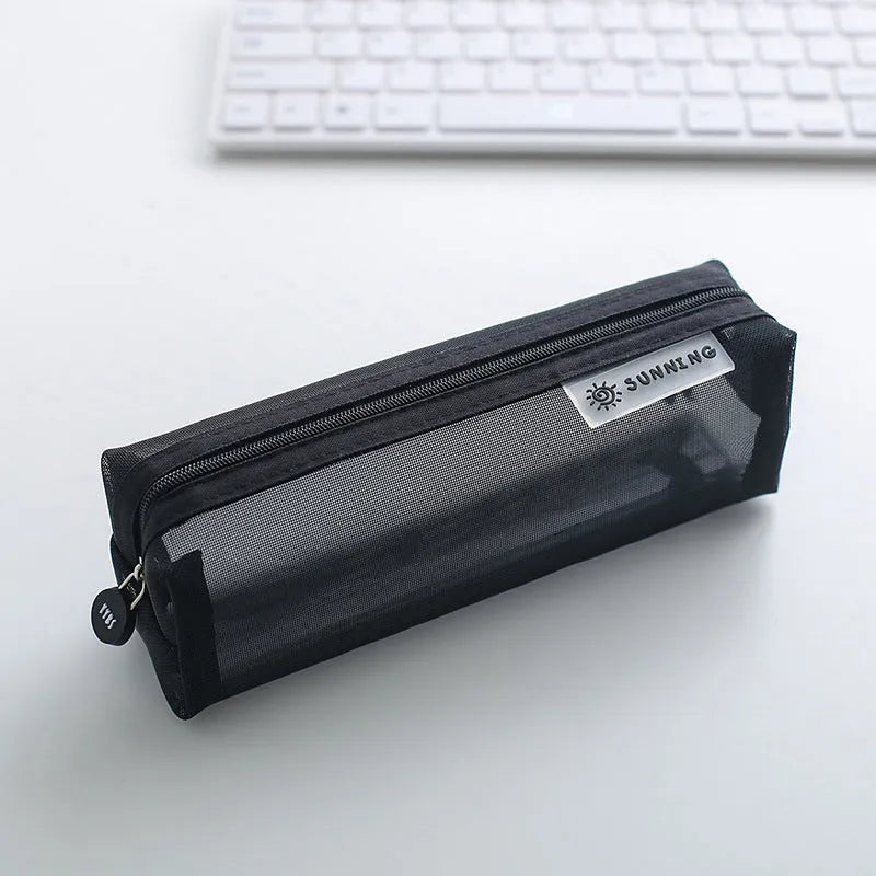 Transparent Mesh Pencil Case Square Shape Large Capacity Durable Nylon Washable Zippered Storage 20.5x6x6.5cm