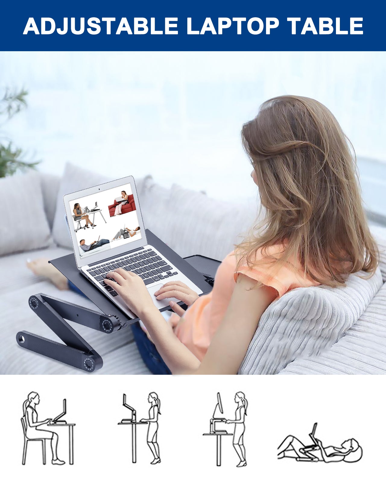 Adjustable Laptop Stand with 2 CPU Cooling USB Fans for Bed and Sofa Use