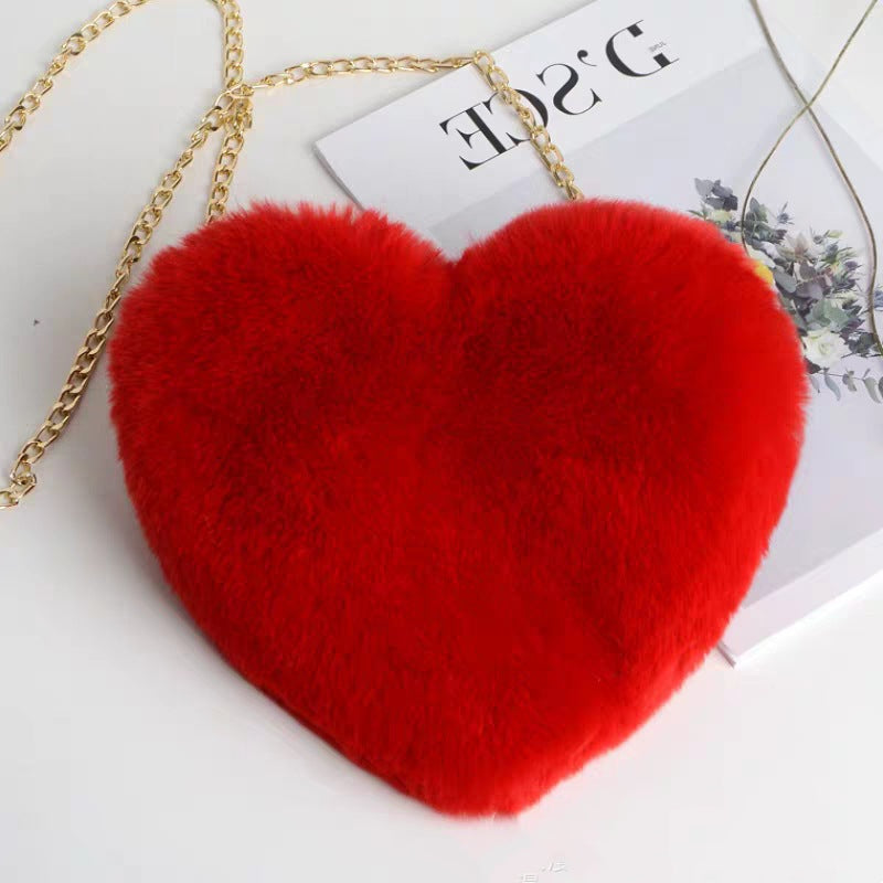 Plush Heart-Shaped Chain Shoulder Bag for Valentine's Day Party