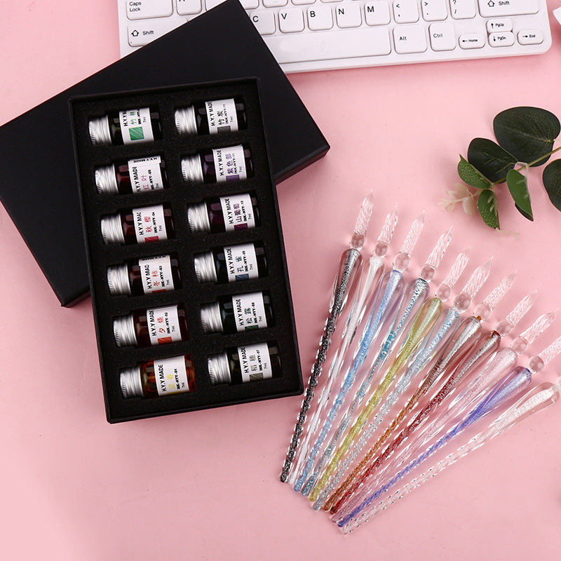Non-Carbon Dip Pen Gold Powder Color Ink Calligraphy Ink Set, Calligraphy Fountain Glass Dip Pen Color Ink Caligrapher Pen Ink Bottle Set,