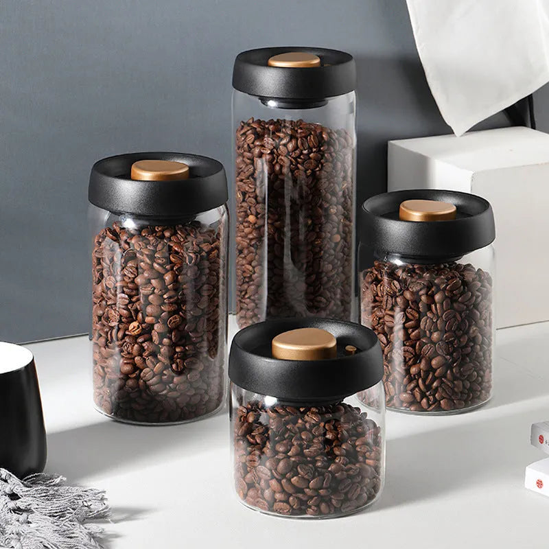 Vacuum Sealed Jug Set Black Coffee Beans Glass Airtight Canister Kitchen Food Storage Jar Set