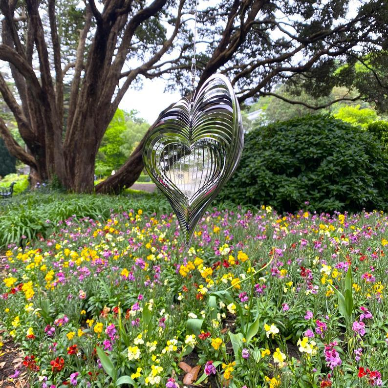 Heart Wind Spinner Set of 3 Silver 13 Inch 3D Stainless Steel Garden Decor