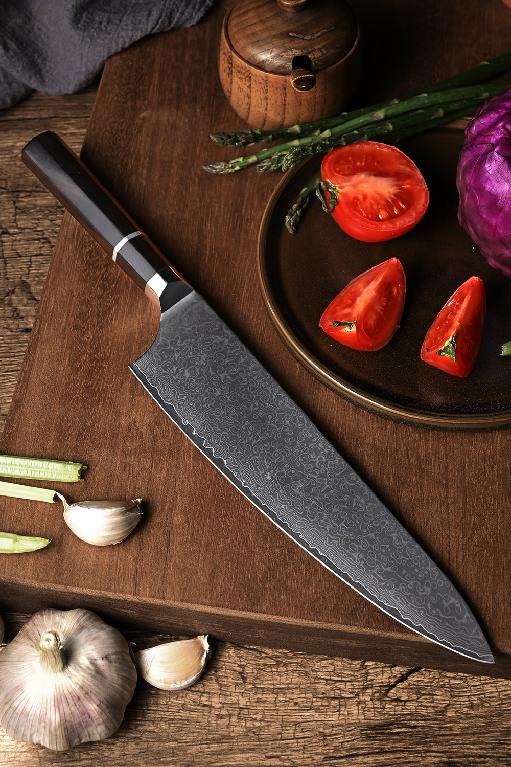Kegani 8 Inch Japanese Kiritsuke Chef Knife, Japanese 67 Layers VG-10 Damascus Knife, Ebony FullTang Handle Natural Texture Japanese Knife