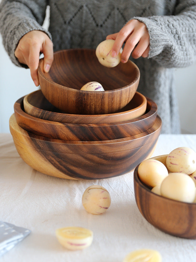 Acacia Wooden Bowls, Small Bowls,Round Wood Salad Bowl, Hand Carved Dip Tray for Serving Popcorn Pasta Candy Cereal Coconut Nuts