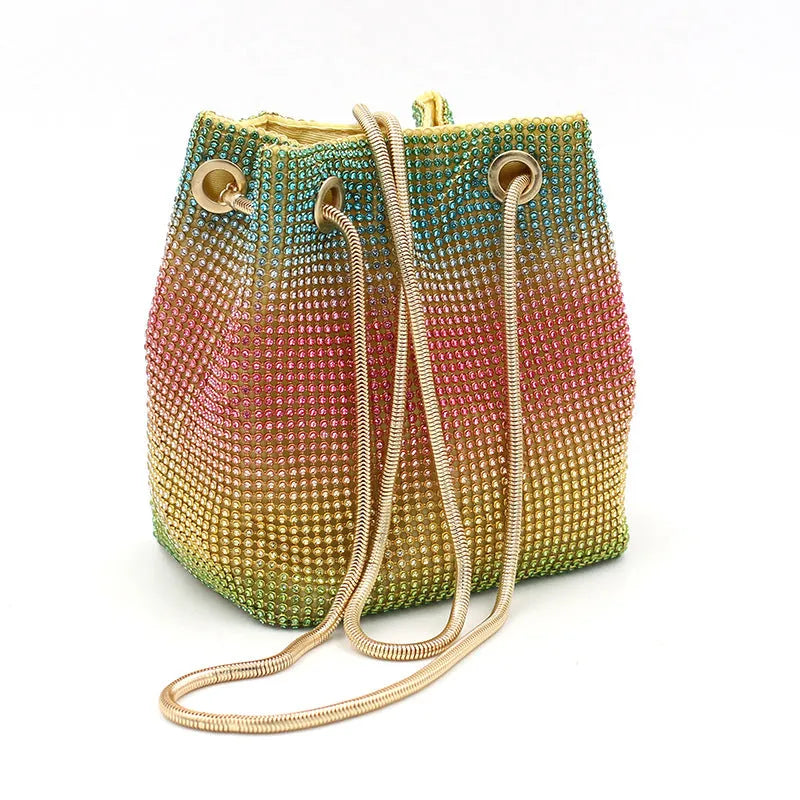 Net Red Rainbow Bucket Diamond Bag Rhinestone Soft Fabric