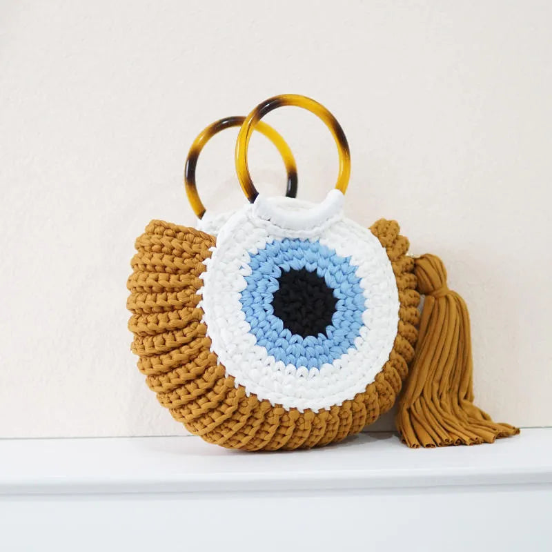 Woven Bag Large Capacity Handbag Blue Big Eyes Brown Big Eyes Round Nylon Beach Bag
