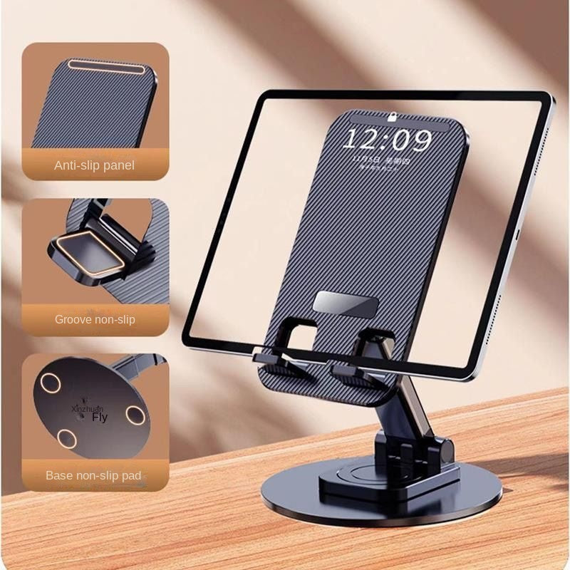 Foldable Phone Stand For Desk - Height Adjustable Cell Phone Holder Portable Cellphone Cradle Desktop Dock Metal Base 360 Degree Rotatable