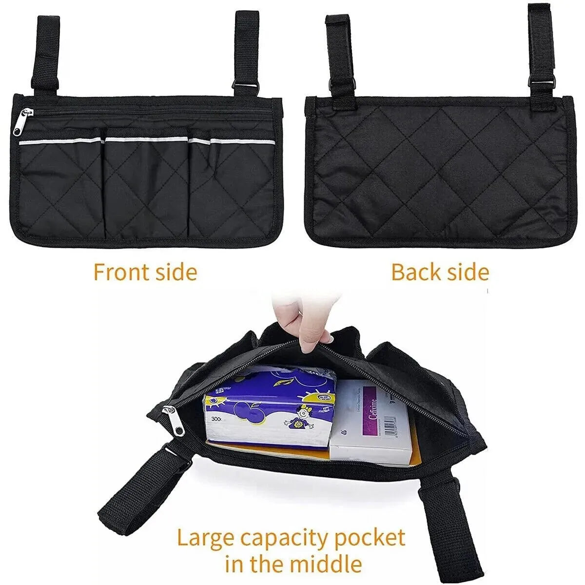 Wheelchair Armrest Accessories Side Bags Pouch with Bright Line for Storage and Organization