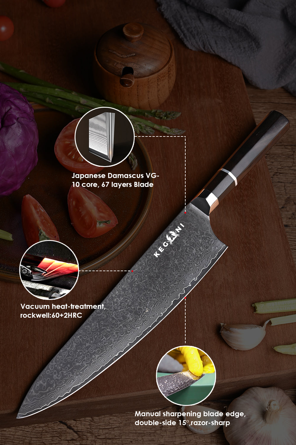 Kegani 8 Inch Japanese Kiritsuke Chef Knife, Japanese 67 Layers VG-10 Damascus Knife, Ebony FullTang Handle Natural Texture Japanese Knife