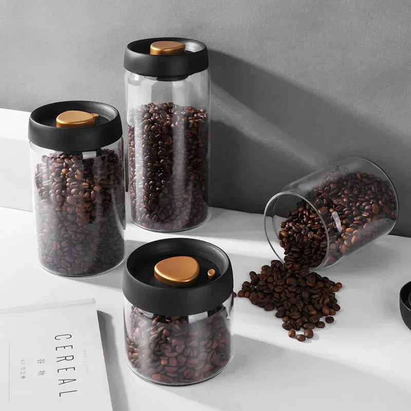 Vacuum Sealed Jug Set Black Coffee Beans Glass Airtight Canister Kitchen Food Storage Jar Set