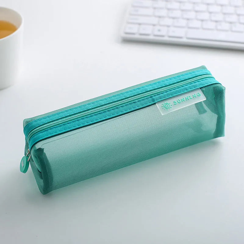 Transparent Mesh Pencil Case Square Shape Large Capacity Durable Nylon Washable Zippered Storage 20.5x6x6.5cm