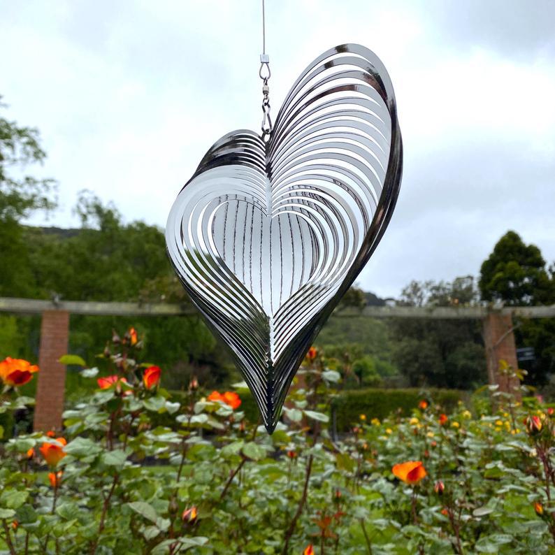 Heart Wind Spinner Set of 3 Silver 13 Inch 3D Stainless Steel Garden Decor