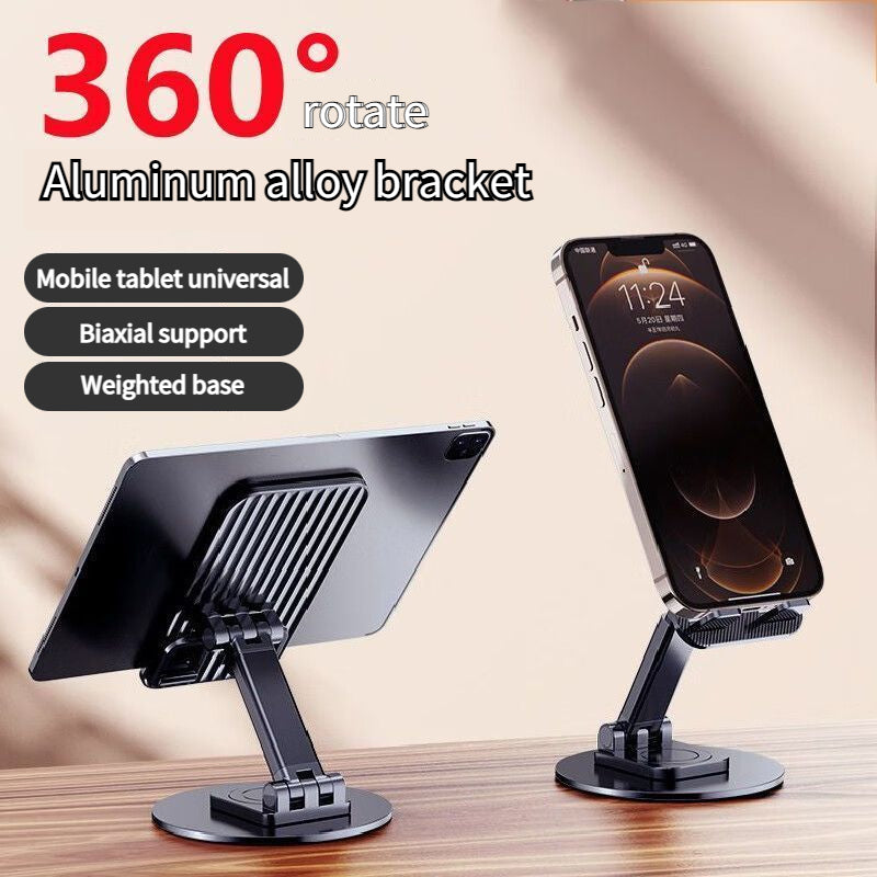 Foldable Phone Stand For Desk - Height Adjustable Cell Phone Holder Portable Cellphone Cradle Desktop Dock Metal Base 360 Degree Rotatable