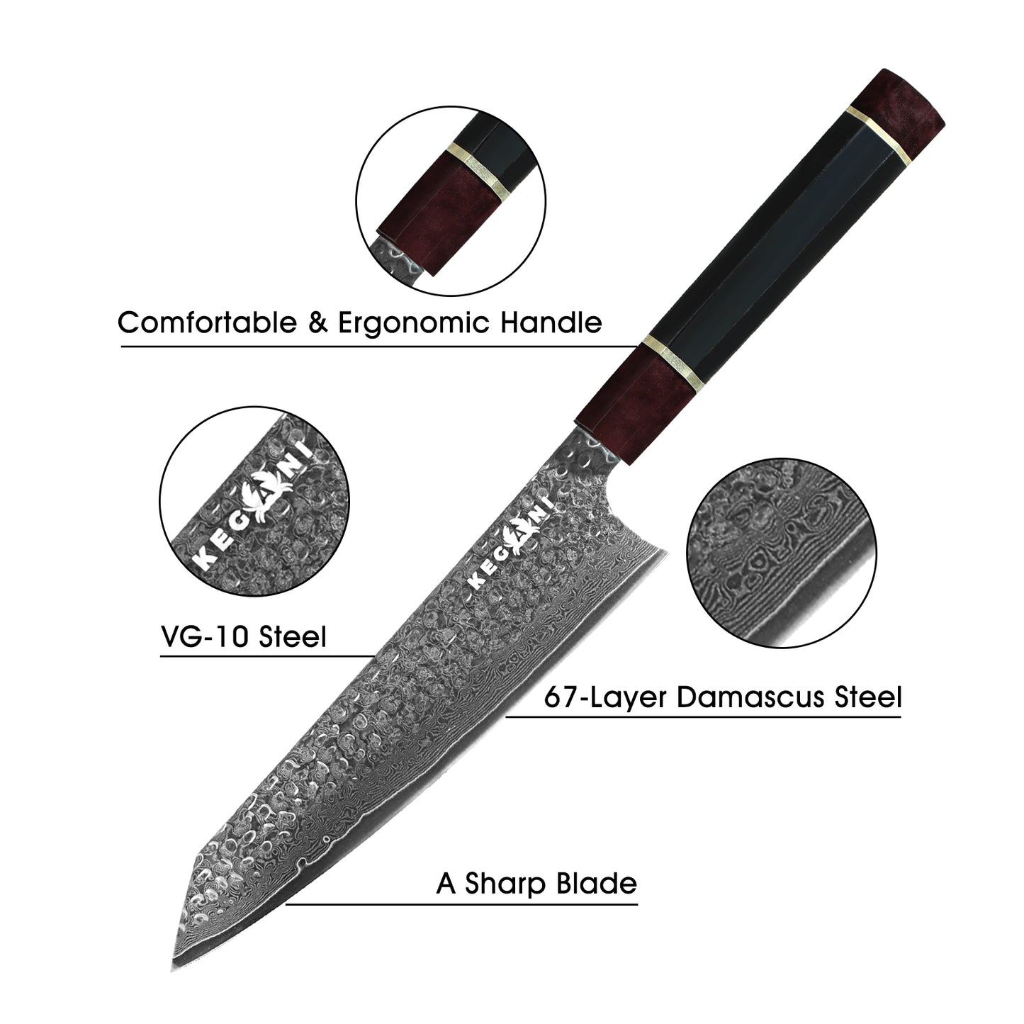 Kegani Kiritsuke Knife - 8 Inch Professional Japanese Chef's Knife 67 Layers Japanese VG-10 Damascus Steel Ultra-Sharp Kitchen Knives Gyuto Knife