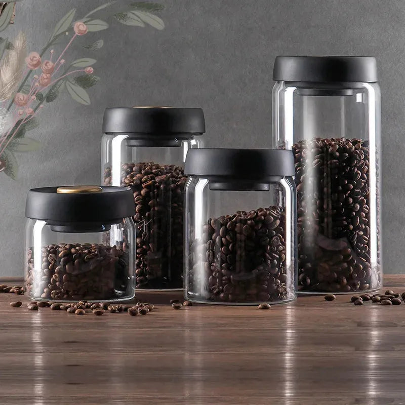 Vacuum Sealed Jug Set Black Coffee Beans Glass Airtight Canister Kitchen Food Storage Jar Set