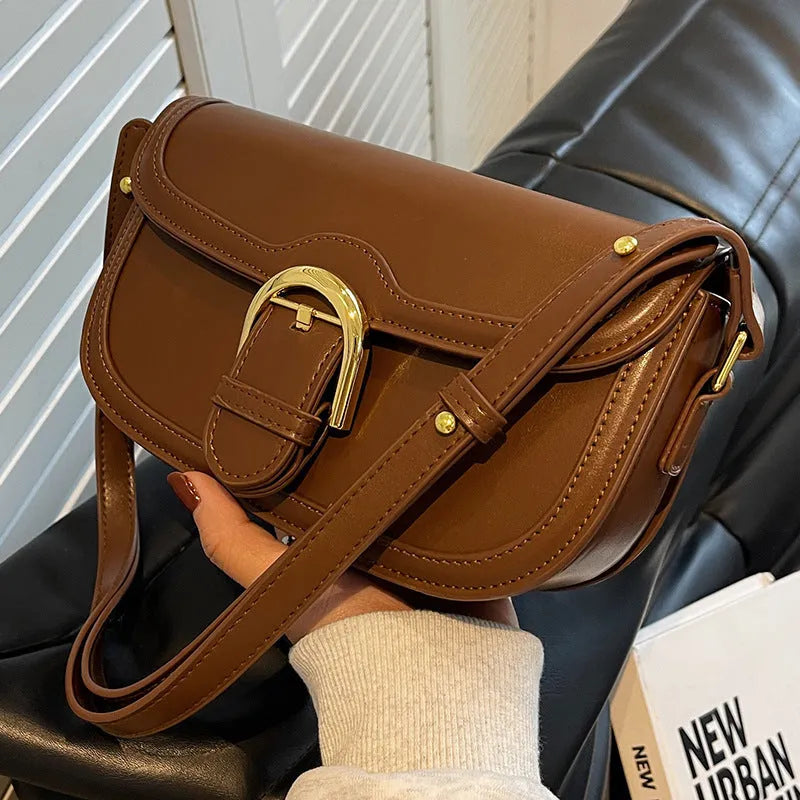 Fashionable Autumn And Winter Shoulder Messenger Bag for Daily Use in Brown Black and White PU Saddle Shape