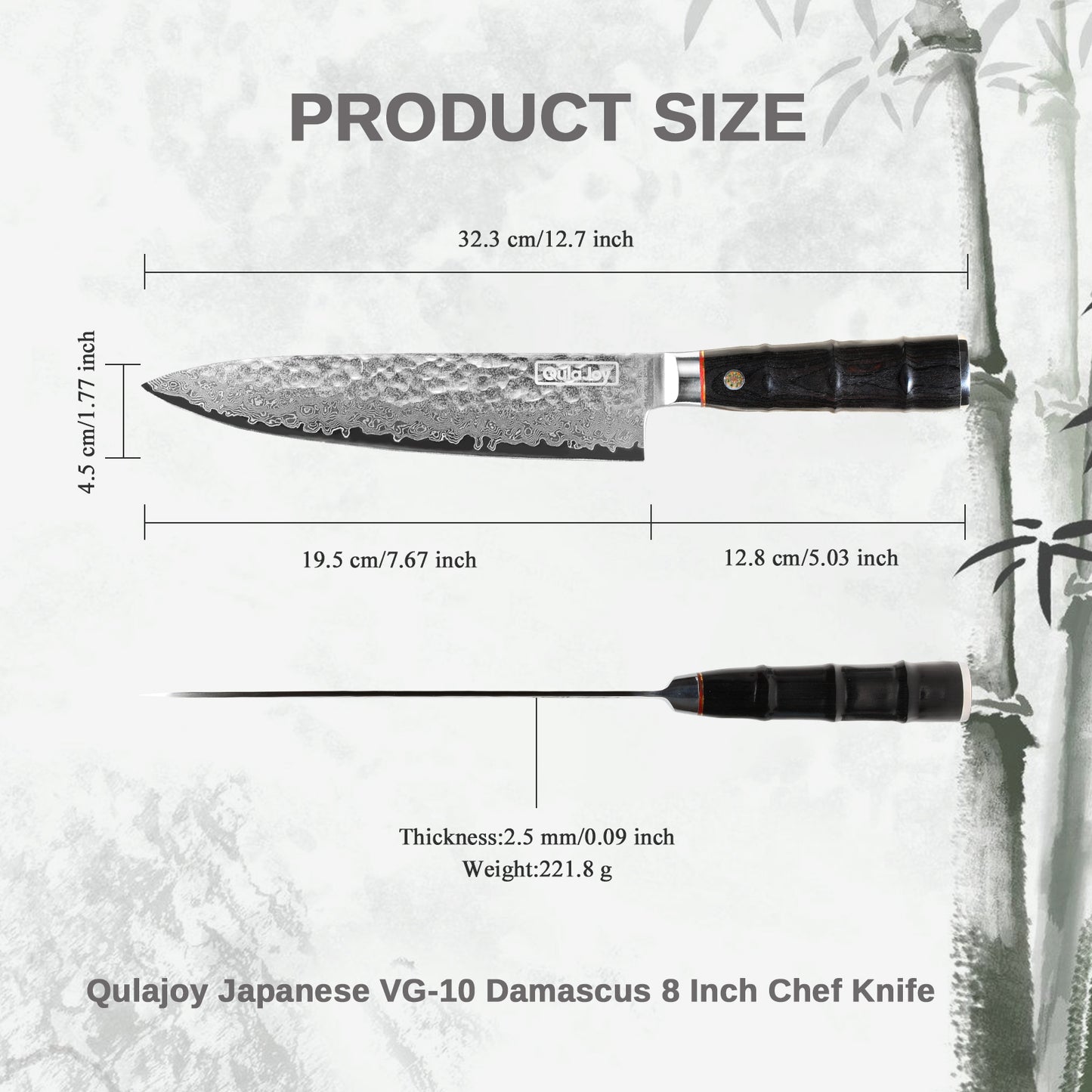 Qulajoy 8 Inch Japanese Chef Knife,67 Layers Damascus VG-10 Steel Core,Professional Hammered Kitchen Knife,Handcrafted With Ergonomic Bamboo Shape