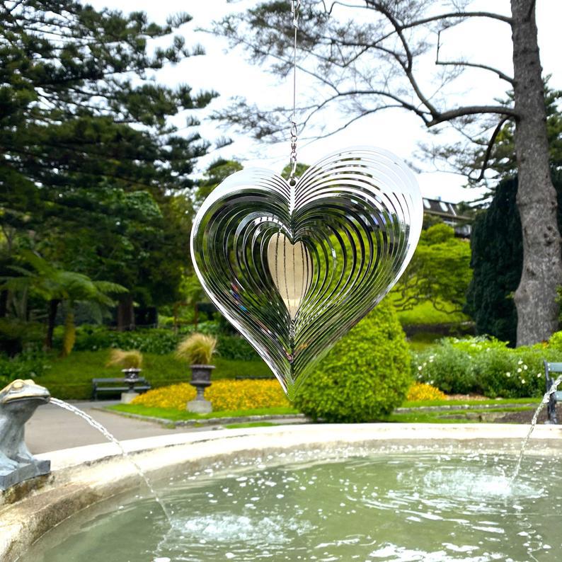 Heart Wind Spinner Set of 3 Silver 13 Inch 3D Stainless Steel Garden Decor