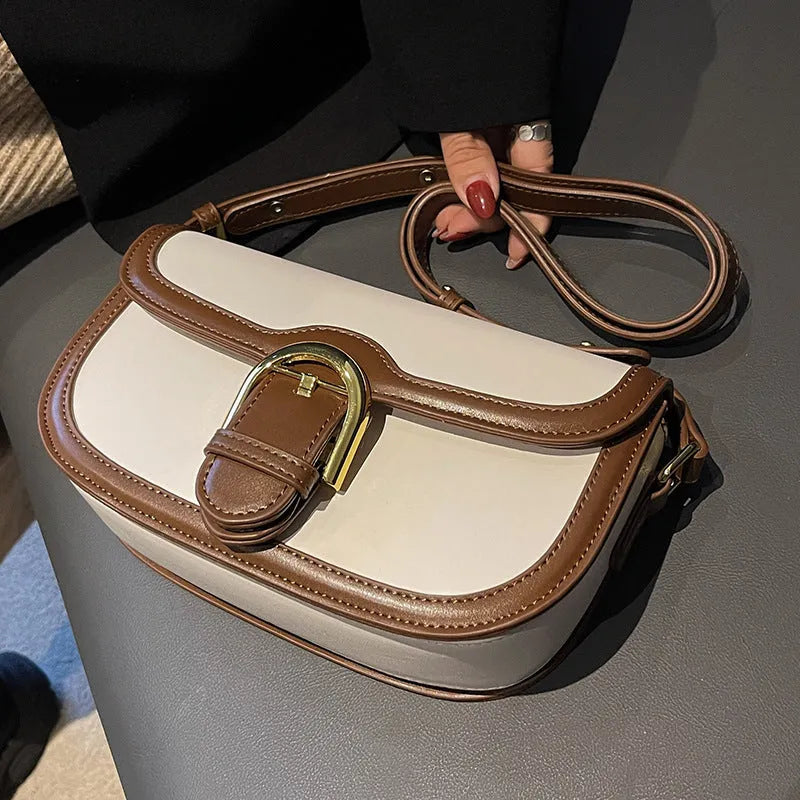 Fashionable Autumn And Winter Shoulder Messenger Bag for Daily Use in Brown Black and White PU Saddle Shape