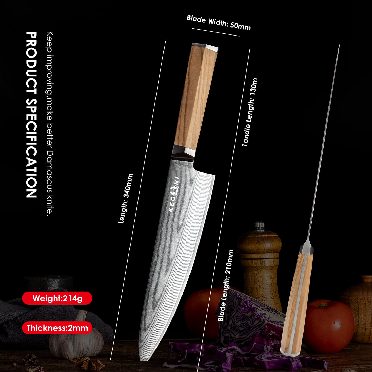 Kegani 8 Inch Kiritsuke Knife, Japanese Chef Knife 67 Layers VG-10 Damascus Kiritsuke, Italian Olive Wood FullTang Handle Natural Texture Japanese