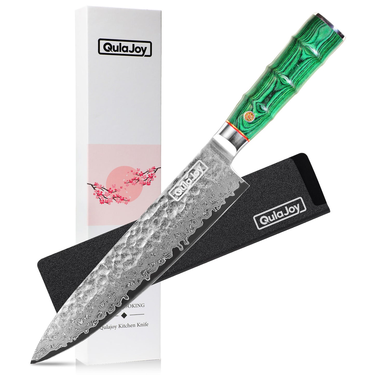 Qulajoy 8 Inch Japanese Chef Knife,67 Layers Damascus VG-10 Steel Core,Professional Hammered Kitchen Knife,Handcrafted With Ergonomic Bamboo Shape