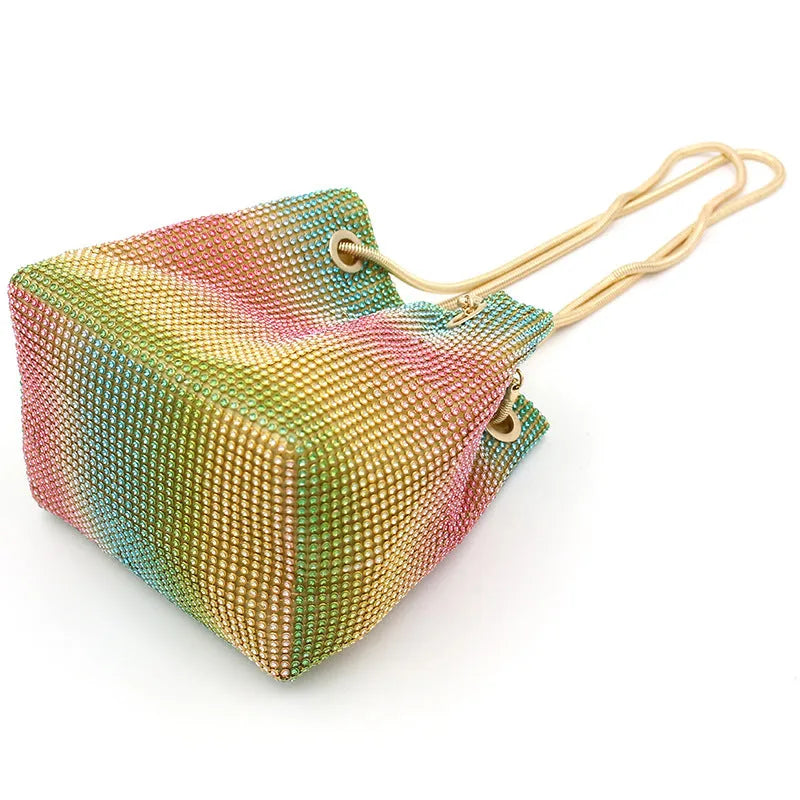 Net Red Rainbow Bucket Diamond Bag Rhinestone Soft Fabric