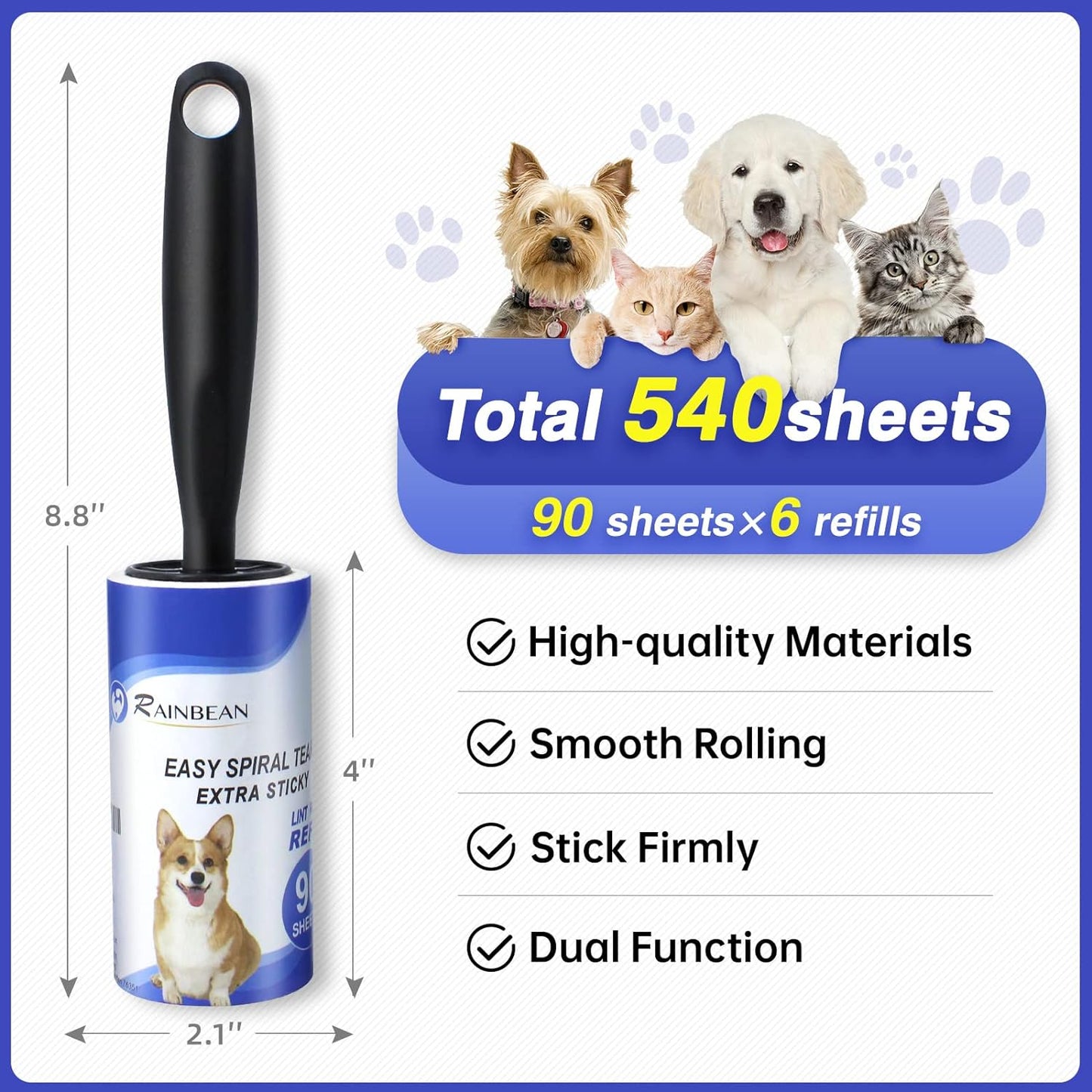 Lint Rollers For Pet Hair Extra Sticky 540 Sheets With 6 Refills Portable Lint Remover Brush With 2 Upgrade Handles