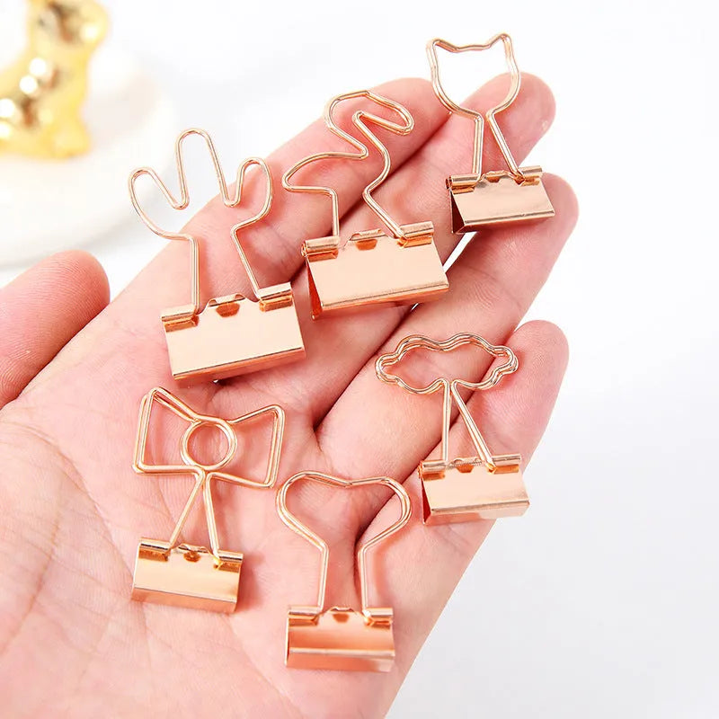 Creative Plating Gold Small Clip Office Style Long Tail Metal Flamingo Love Clouds Cat Cactus Bow