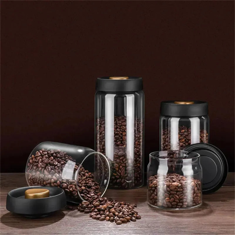 Vacuum Sealed Jug Set Black Coffee Beans Glass Airtight Canister Kitchen Food Storage Jar Set