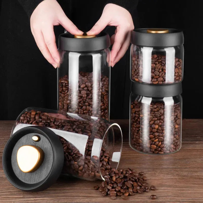 Vacuum Sealed Jug Set Black Coffee Beans Glass Airtight Canister Kitchen Food Storage Jar Set
