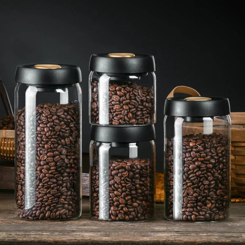 Vacuum Sealed Jug Set Black Coffee Beans Glass Airtight Canister Kitchen Food Storage Jar Set