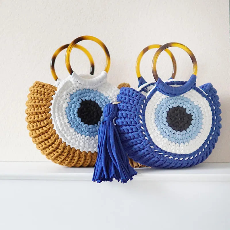Woven Bag Large Capacity Handbag Blue Big Eyes Brown Big Eyes Round Nylon Beach Bag