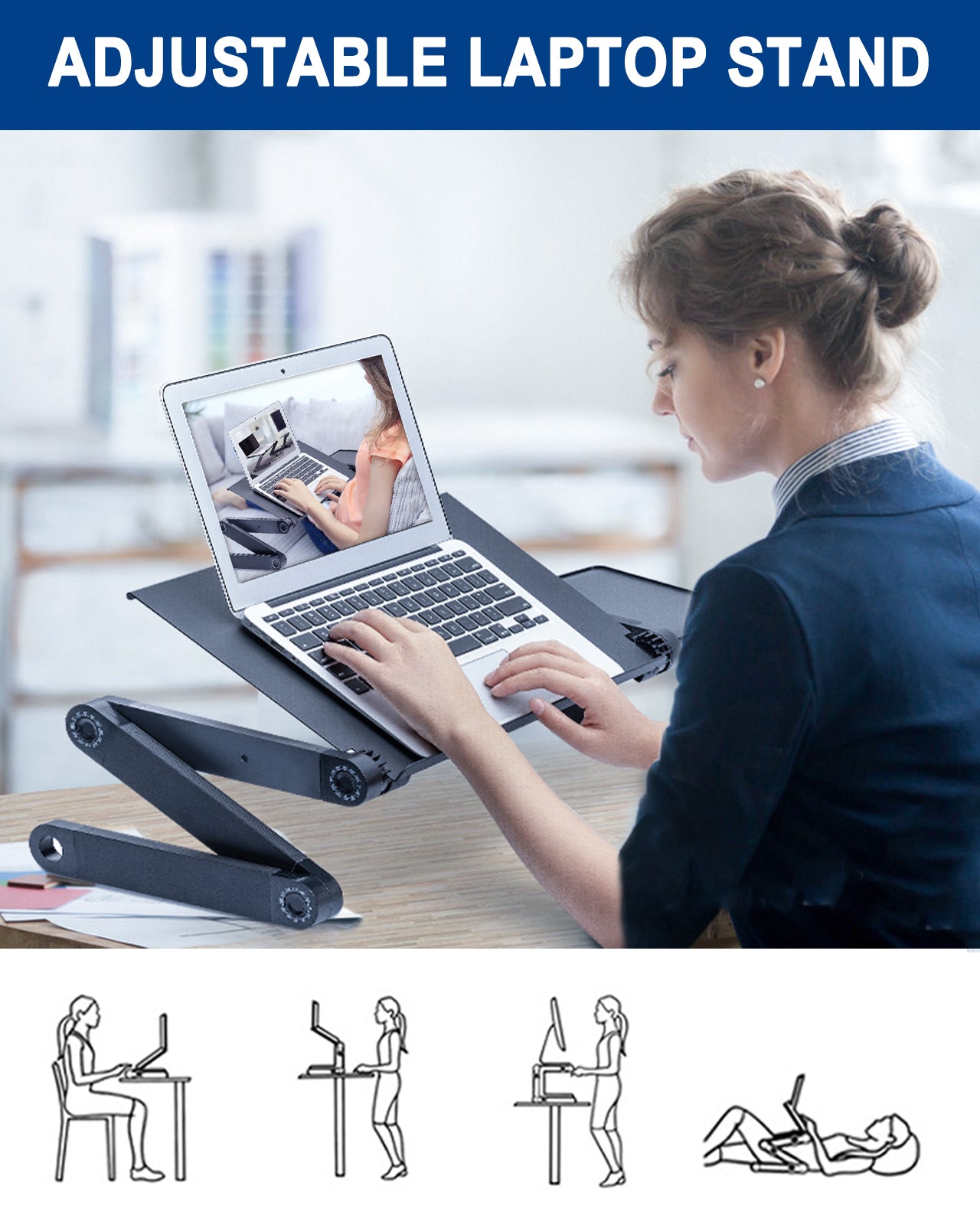 Adjustable Laptop Stand with 2 CPU Cooling USB Fans for Bed and Sofa Use