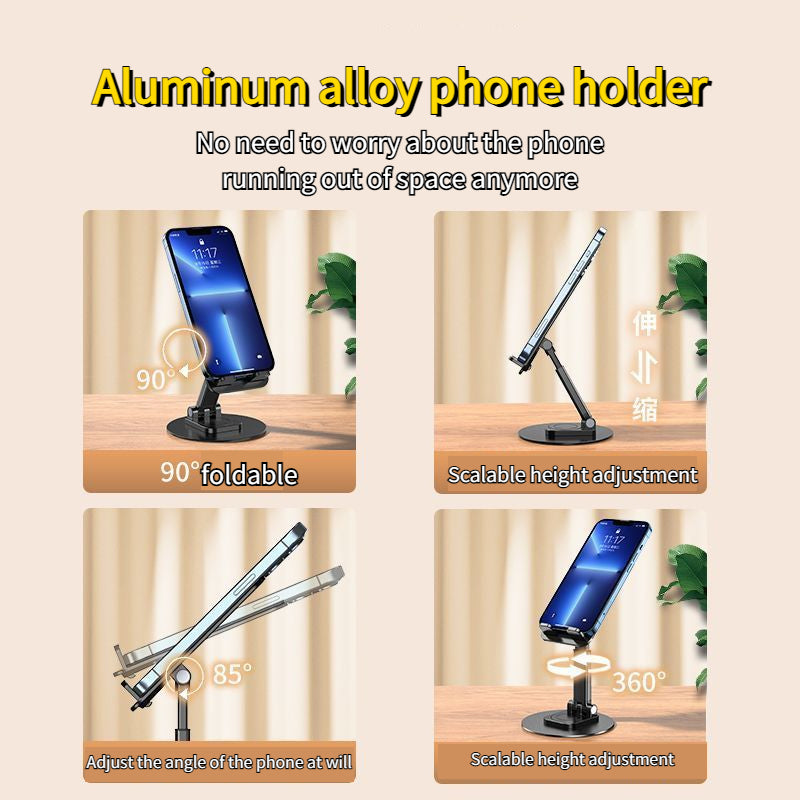 Foldable Phone Stand For Desk - Height Adjustable Cell Phone Holder Portable Cellphone Cradle Desktop Dock Metal Base 360 Degree Rotatable