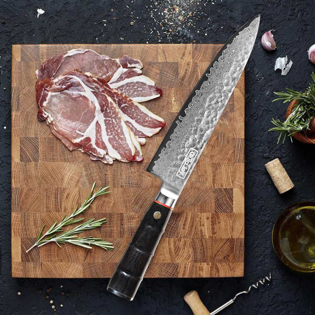 Qulajoy 8 Inch Japanese Chef Knife,67 Layers Damascus VG-10 Steel Core,Professional Hammered Kitchen Knife,Handcrafted With Ergonomic Bamboo Shape