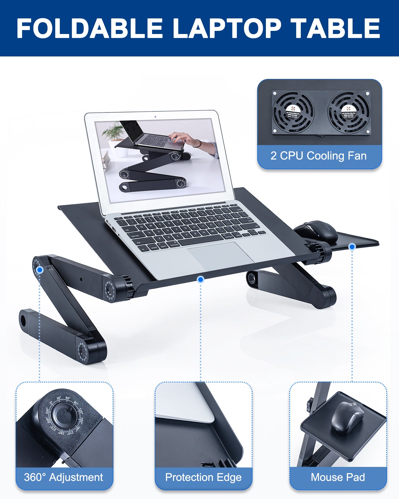 Adjustable Laptop Stand with 2 CPU Cooling USB Fans for Bed and Sofa Use