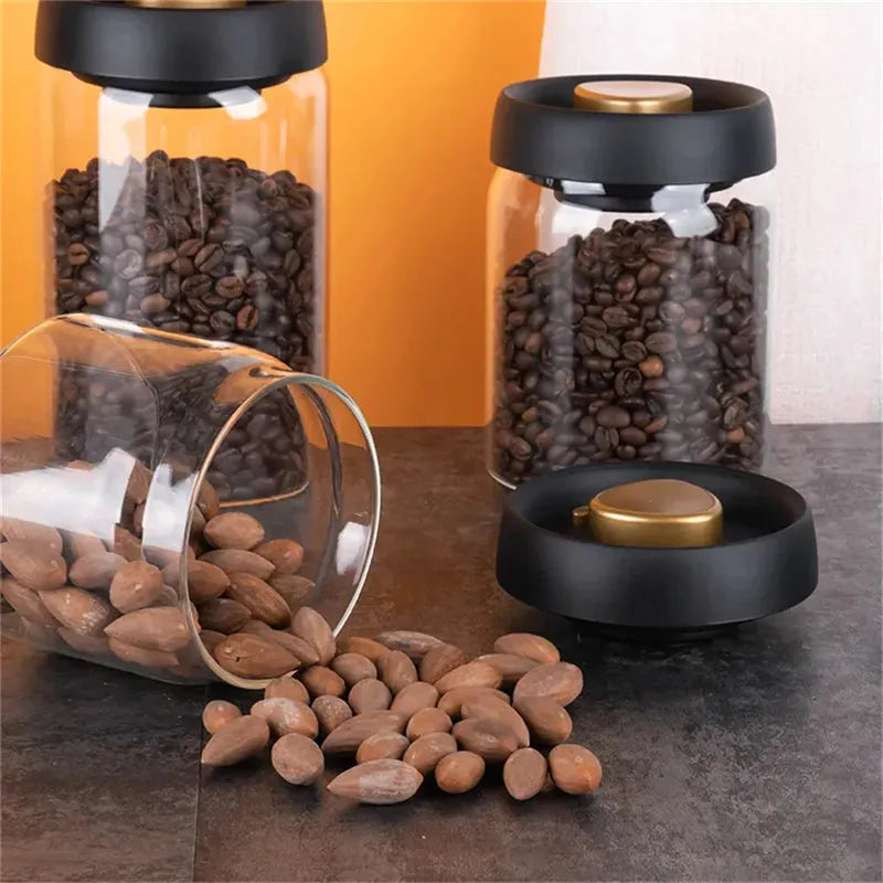 Vacuum Sealed Jug Set Black Coffee Beans Glass Airtight Canister Kitchen Food Storage Jar Set