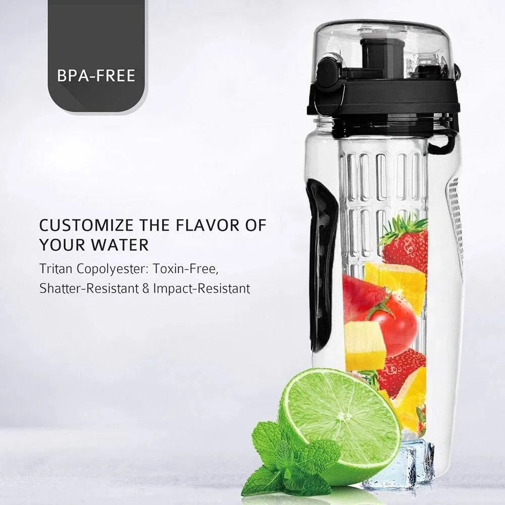 1000ml BPA Free Plastic Water Bottle With Fruit Infuser Sport Design Leakproof Unbreakable