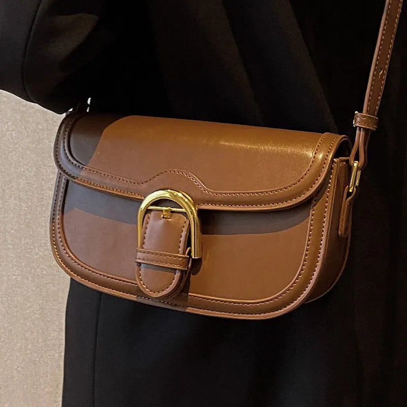Fashionable Autumn And Winter Shoulder Messenger Bag for Daily Use in Brown Black and White PU Saddle Shape