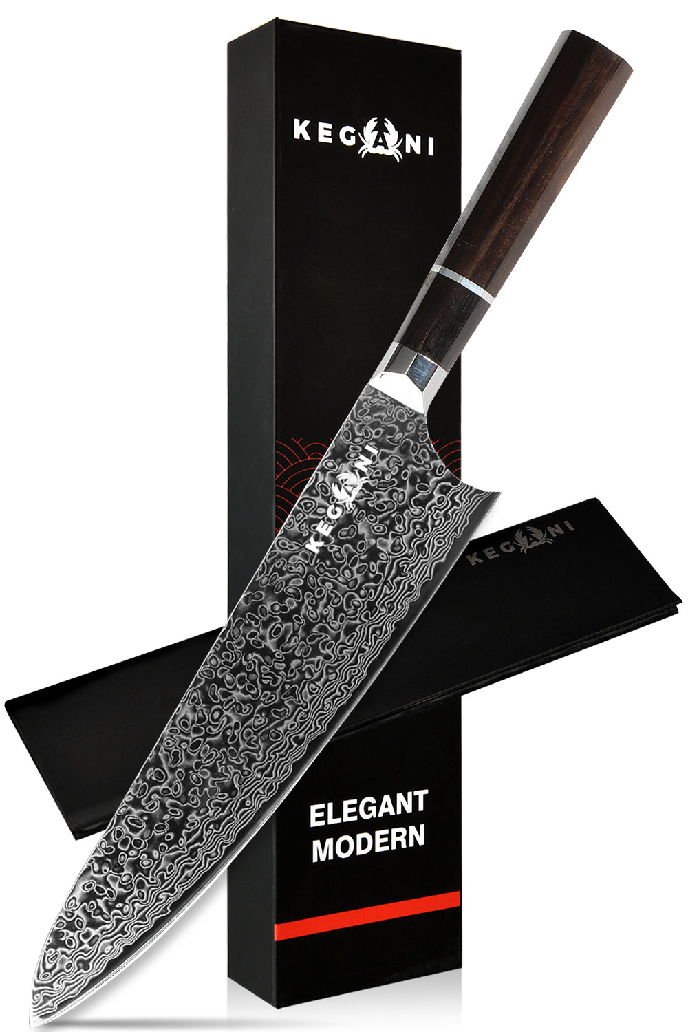 Kegani 8 Inch Japanese Kiritsuke Chef Knife, Japanese 67 Layers VG-10 Damascus Knife, Ebony FullTang Handle Natural Texture Japanese Knife